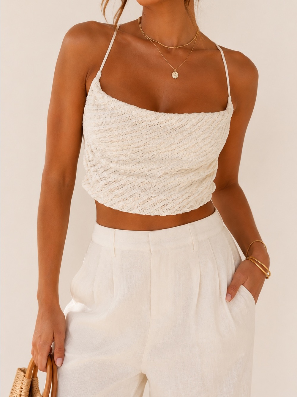 Fashion Nova NWT Ivory Textured Cotton Cowl Neck Crop Top Open Back M